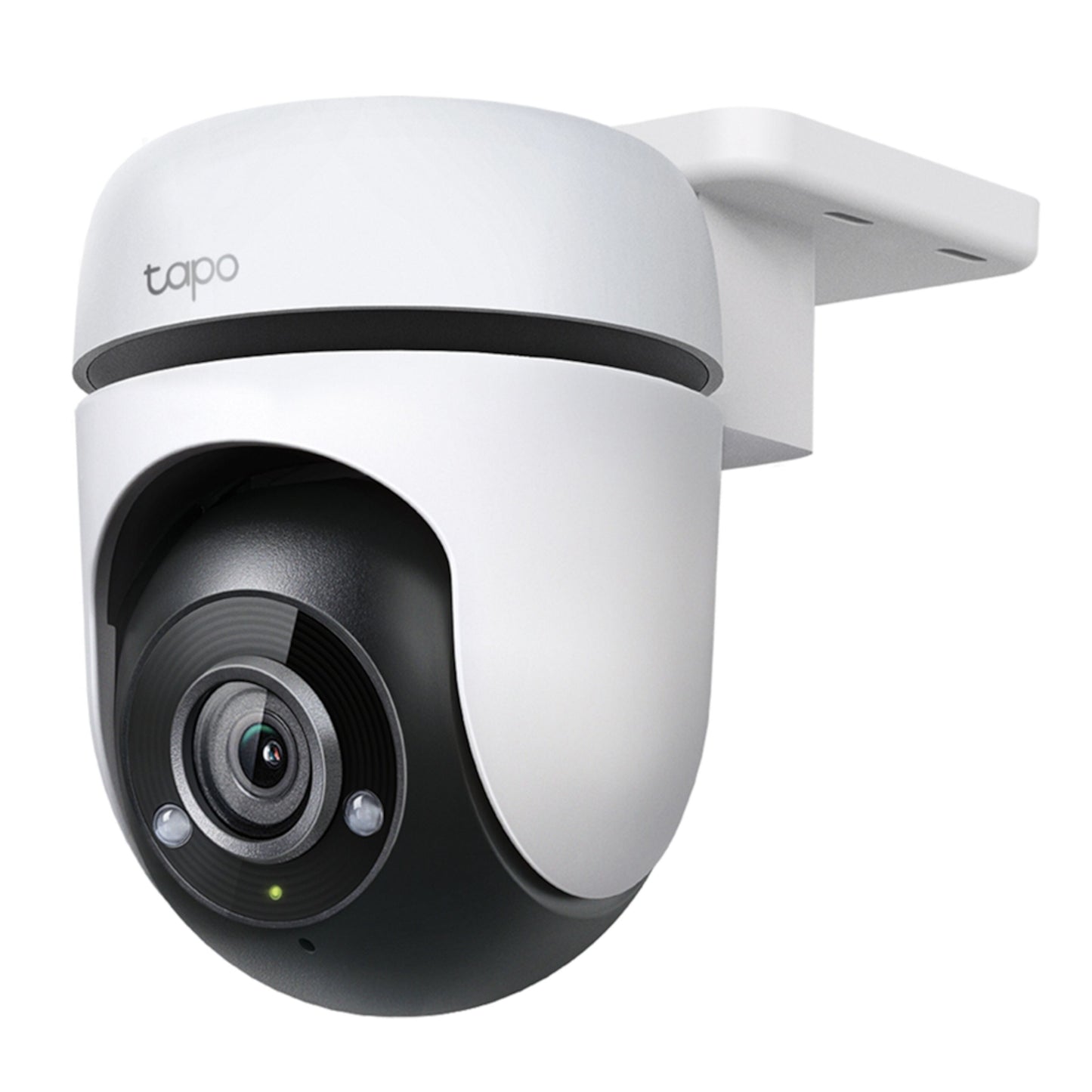 TP-Link Tapo C500 trådløst overvågningskamera sort/hvid, monteret på vægbeslag, 1080p video, til indendørs og udendørs brug.