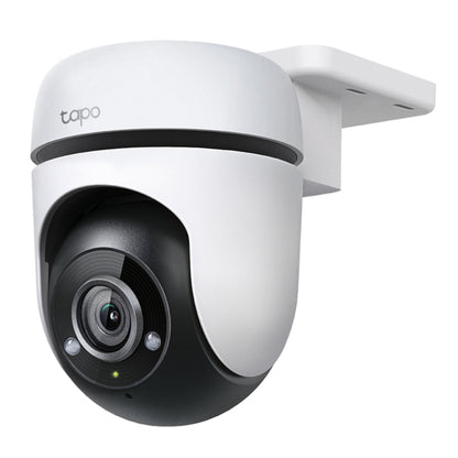 TP-Link Tapo C500 trådløst overvågningskamera sort/hvid, monteret på vægbeslag, 1080p video, til indendørs og udendørs brug.