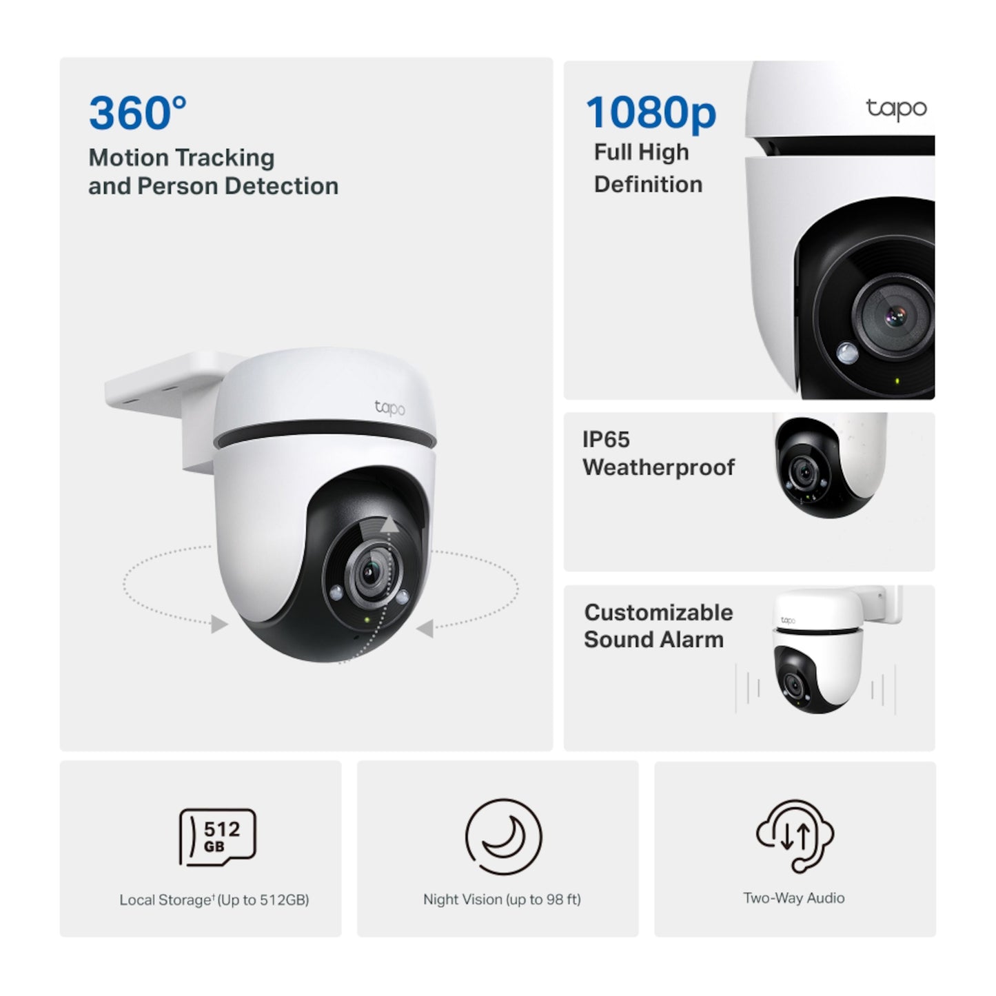 TP-Link Tapo C500 trådløst overvågningskamera 360° motion tracking 1080p IP65 nattesyn 512GB lagring to-vejs lyd.