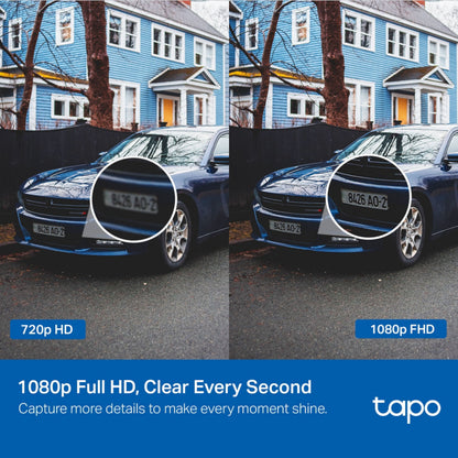 TP-Link Tapo C500 trådløst overvågningskamera 720p vs 1080p detaljesammenligning nummerplade blå hus tekst: 1080p Full HD.
