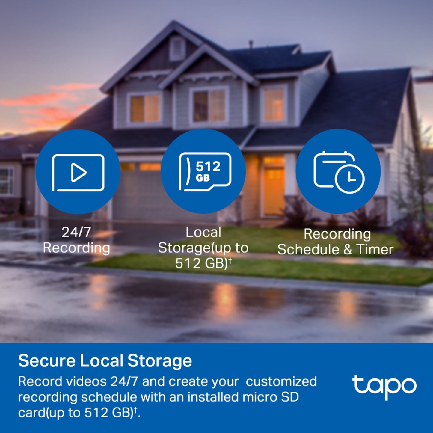 TP-Link Tapo C500 trådløst overvågningskamera med ikoner til 24/7 optagelse, op til 512GB microSD og sikker lokal lagring.