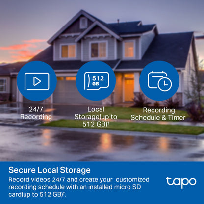 TP-Link Tapo C500 trådløst overvågningskamera med ikoner til 24/7 optagelse, op til 512GB microSD og sikker lokal lagring.