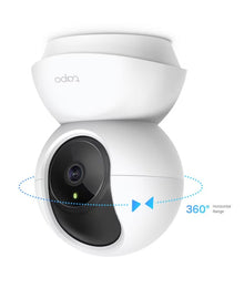 TP-Link Tapo C210 trådløst sikkerhedskamera kugleformet med frontlinse og blå 360° rotationsgrafik.
