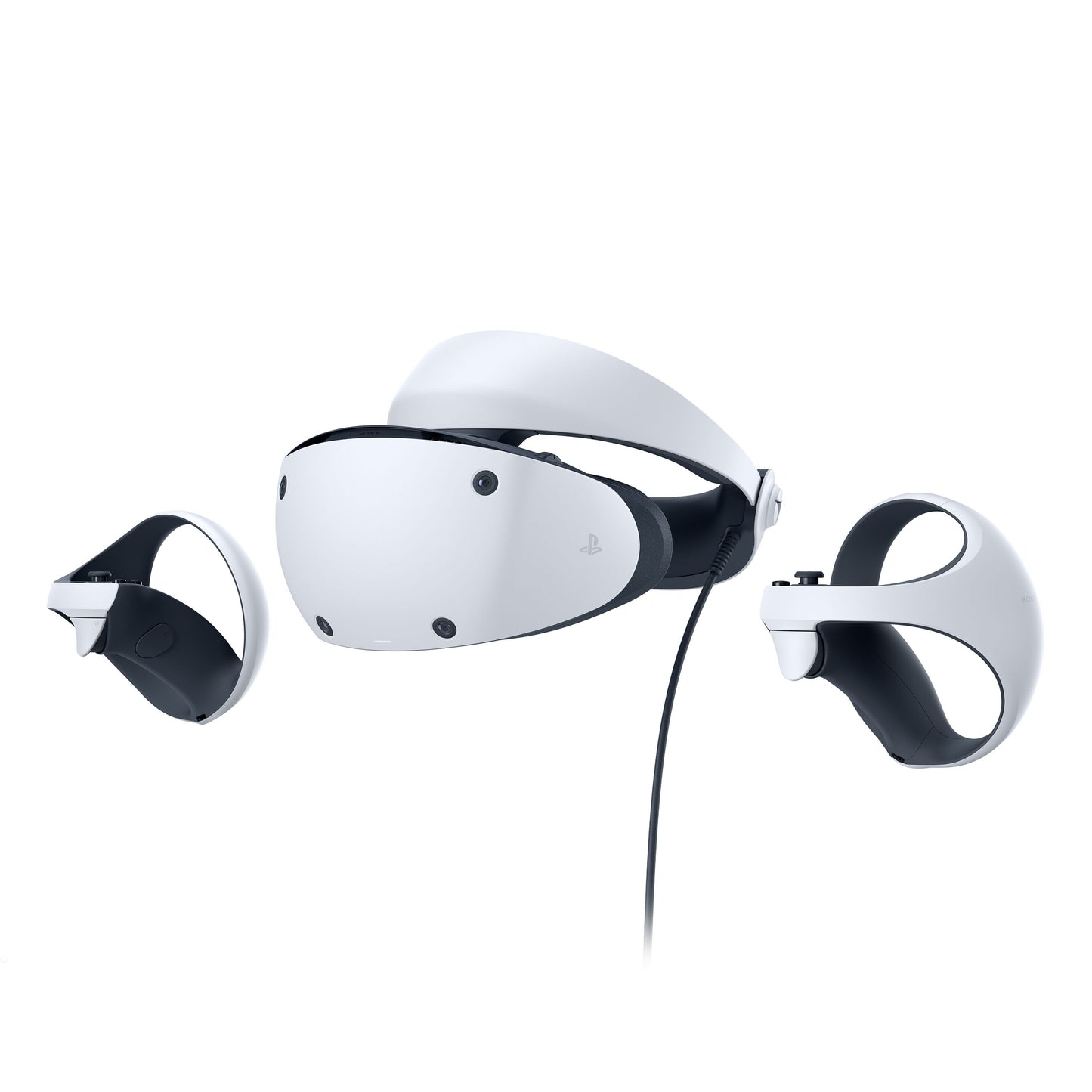 PlayStation VR2 headset, hvid/sort, frontvisning med trådløse controllere til PlayStation 5.