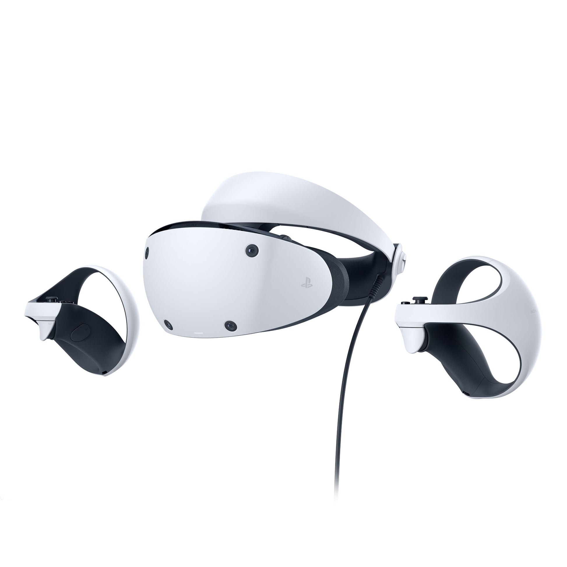 PlayStation VR2 headset, hvid/sort, frontvisning med trådløse controllere til PlayStation 5.