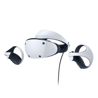 PlayStation VR2 headset, hvid/sort, frontvisning med trådløse controllere til PlayStation 5.