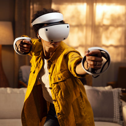 Sony PlayStation VR2 headset og motion controllers brugt af person i gul jakke i stue med varm belysning.