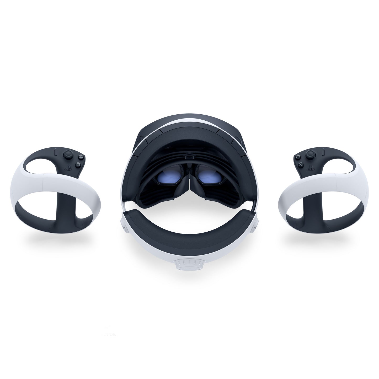 Sony PlayStation VR2 headset sort/hvid topvinkel med to matchende motion controllere.