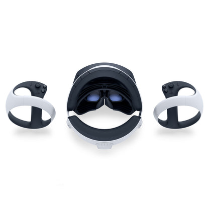 Sony PlayStation VR2 headset sort/hvid topvinkel med to matchende motion controllere.