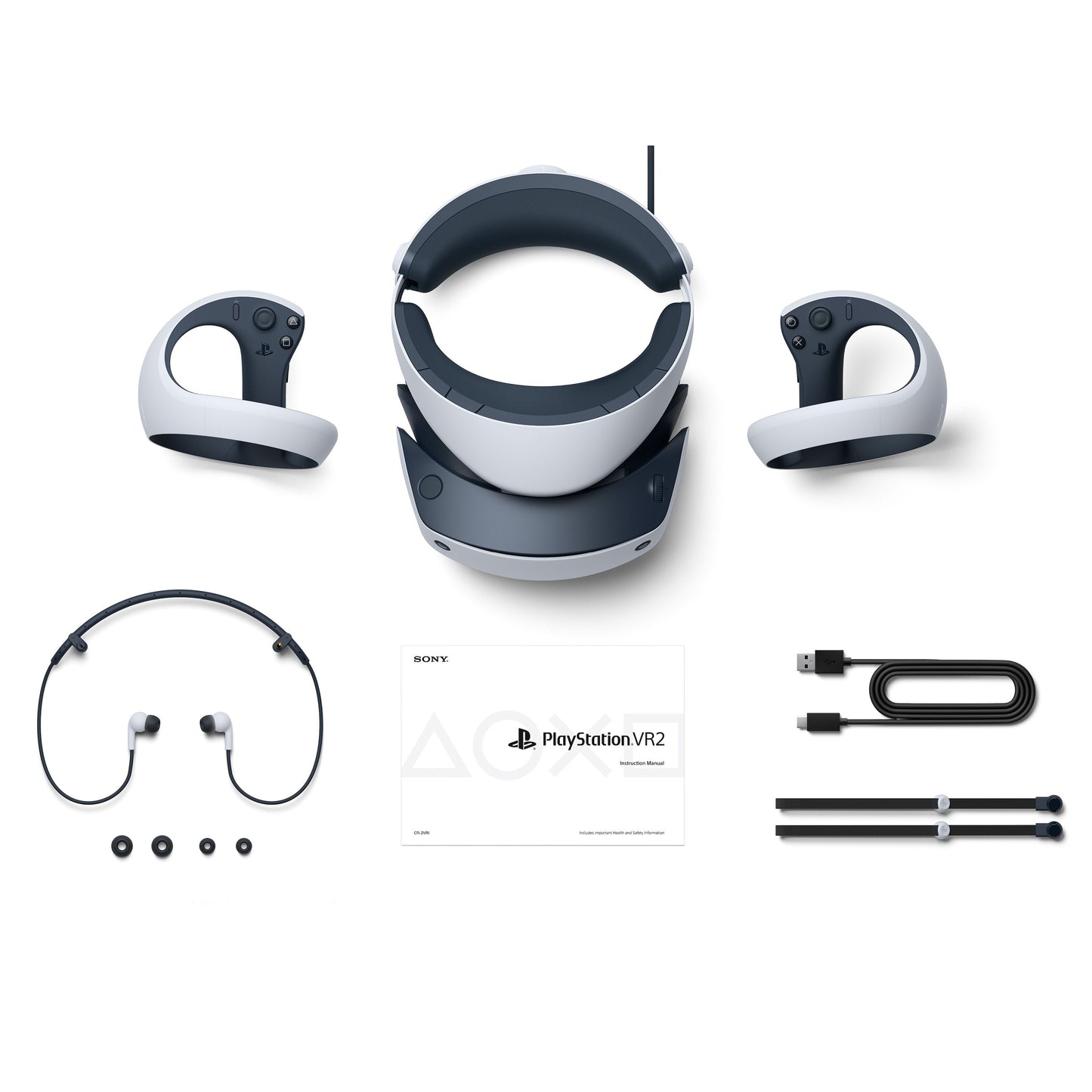 PlayStation VR2 headset bundle til PS5, hvid/blå, inkl. 2 Sense controllere, ørepropper, USB-kabler, remme, manual.