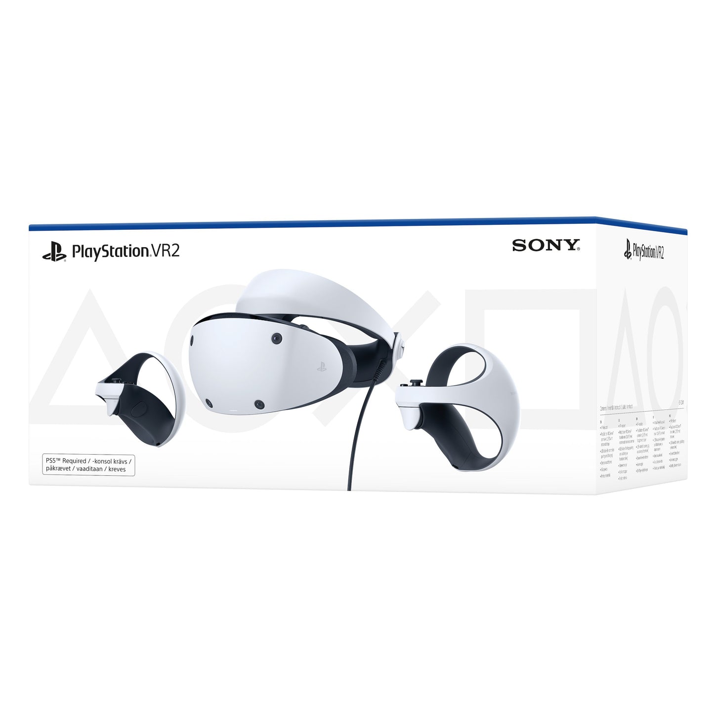 PlayStation VR2 headset og to hvide controllere på æske, PlayStation 5 kompatibel, Sony logo synligt.