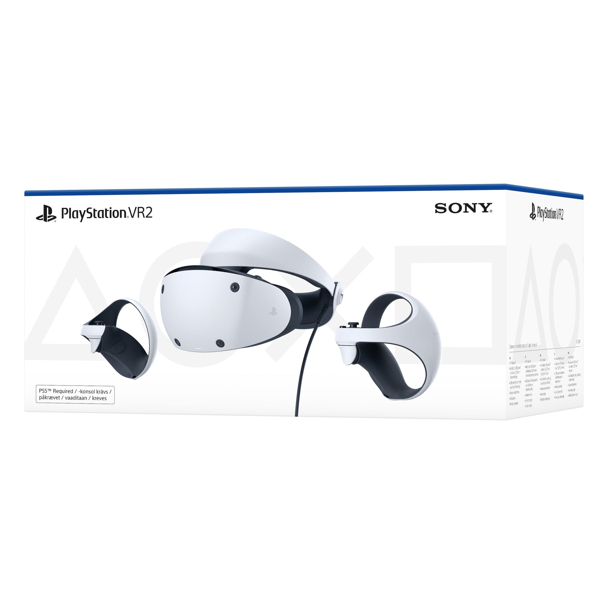 PlayStation VR2 headset og to hvide controllere på æske, PlayStation 5 kompatibel, Sony logo synligt.
