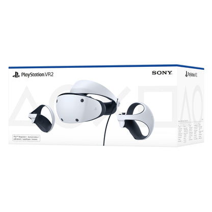PlayStation VR2 headset og to hvide controllere på æske, PlayStation 5 kompatibel, Sony logo synligt.