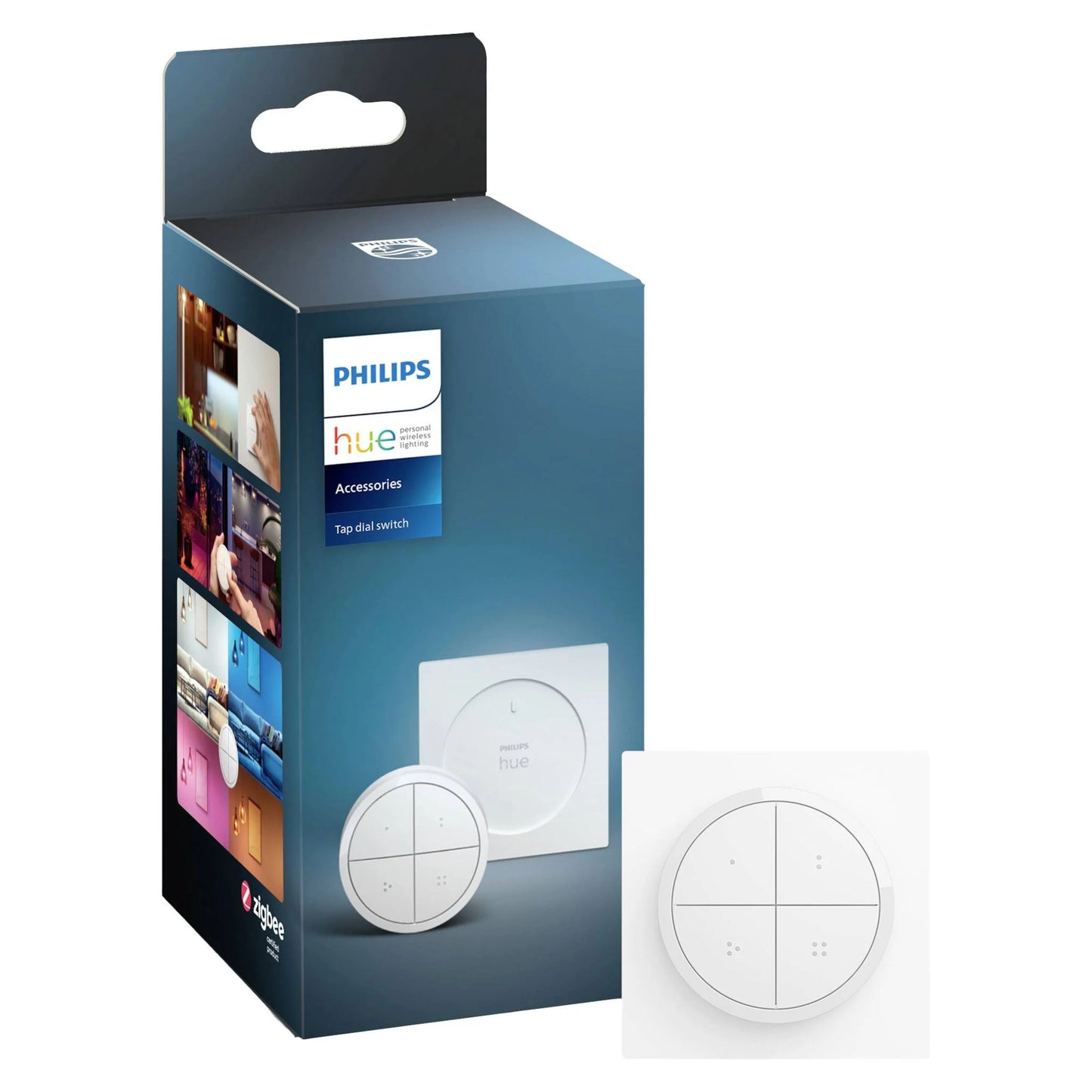 Philips Hue Tryk på Drejeknap Fjernbetjening Hvid rund smart lysstyring, brugseksempler og branding på kassen.
