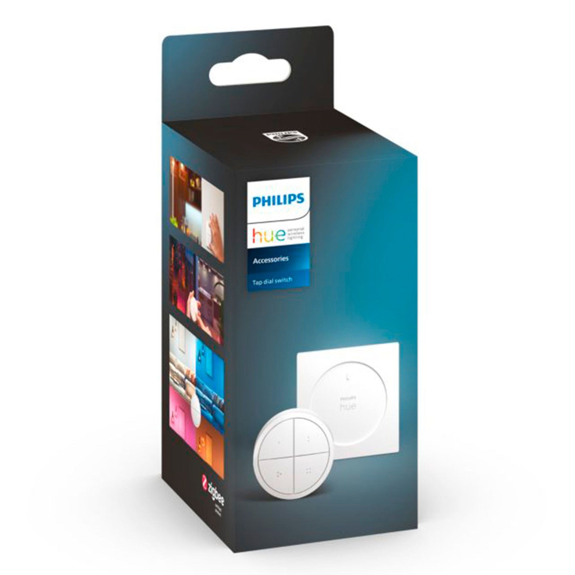 Philips Hue Tryk på Drejeknap Fjernbetjening Hvid med fire knapper og drejeknap, æske med Philips Hue logo og rumfotos.