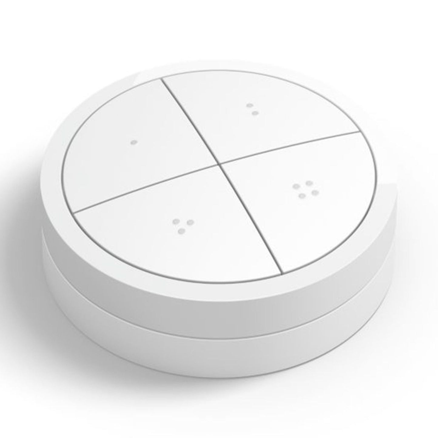 Philips Hue Tryk på Drejeknap fjernbetjening, hvid, rund med fire touch-knapper hver markeret med lille pris.