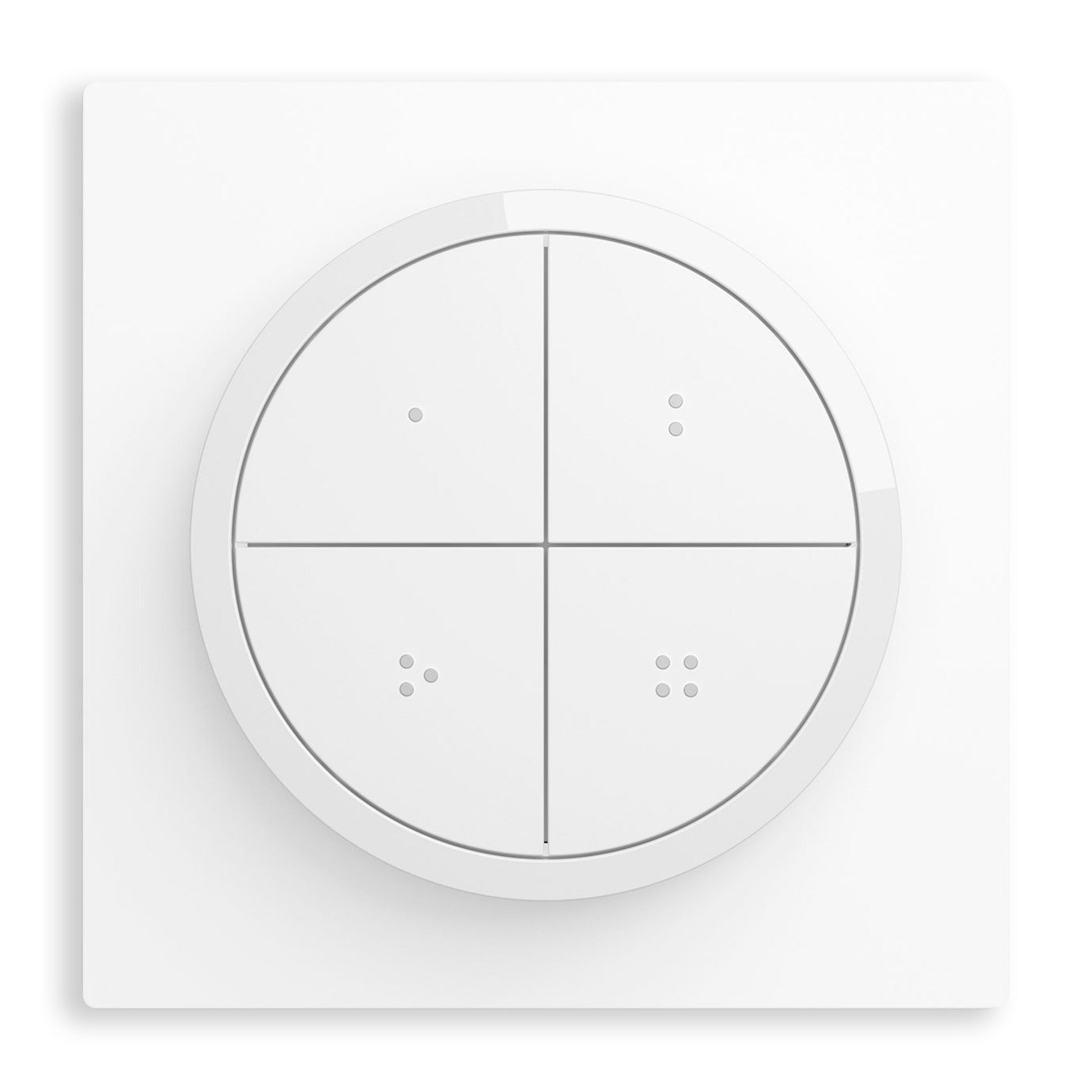 Philips Hue Tryk på Drejeknap fjernbetjening, hvid firkantet vægplade med rund fire-knaps lysstyring, lysdæmper.