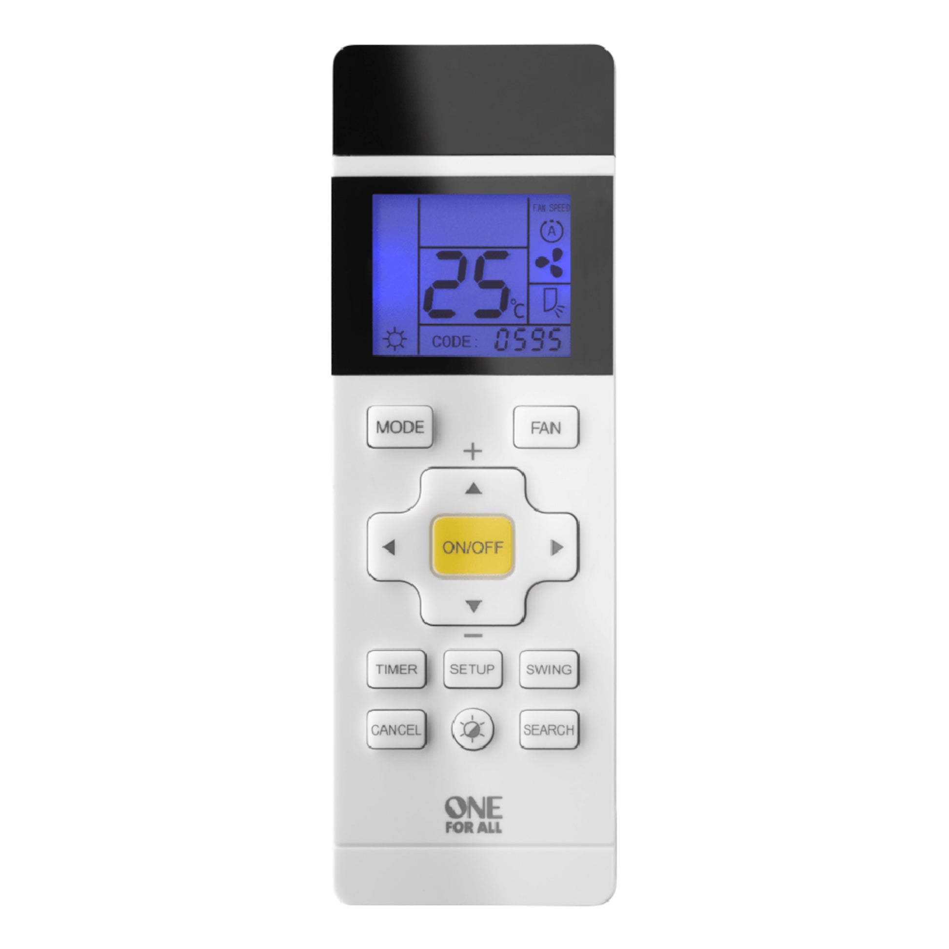 One For All universal aircondition-fjernbetjening med baggrundsbelyst display, gul ON/OFF-knap, mode- og timer-knapper.