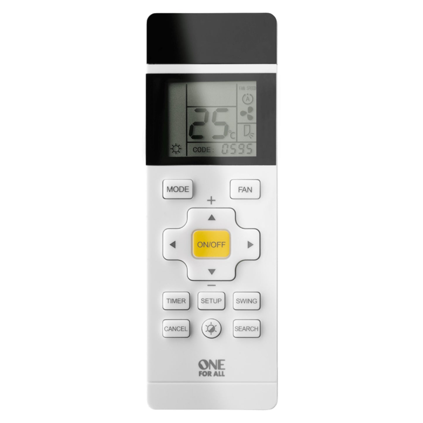 Oneforall universal aircondition fjernbetjening med belyst skærm 25°C, knapper til MODE, FAN, TIMER og Oneforall-logo nederst.