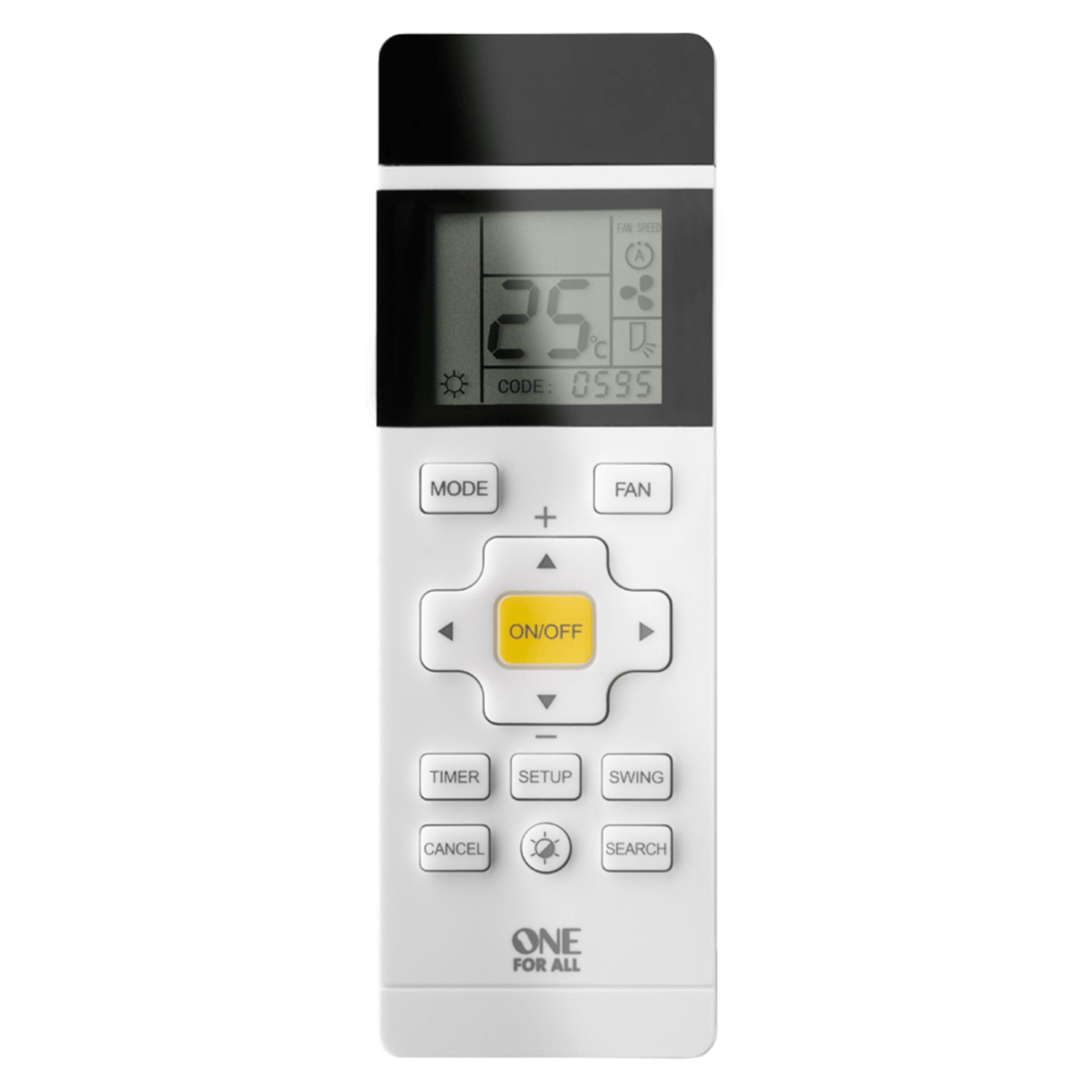 Oneforall universal aircondition fjernbetjening med belyst skærm 25°C, knapper til MODE, FAN, TIMER og Oneforall-logo nederst.