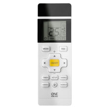 Oneforall universal aircondition fjernbetjening med belyst skærm 25°C, knapper til MODE, FAN, TIMER og Oneforall-logo nederst.