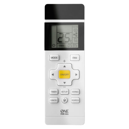 Oneforall universal aircondition fjernbetjening med belyst skærm 25°C, knapper til MODE, FAN, TIMER og Oneforall-logo nederst.