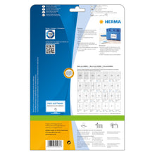 Herma Selvklæbende printerpapir A5 50-pakning Permanent, produktinfo, etiketstørrelser, TÜV SÜD-logo, QR- og stregkode.