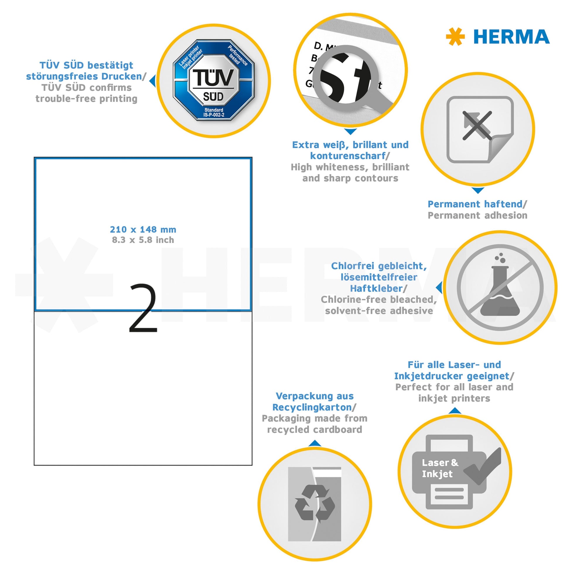Herma selvklæbende printerpapir A5 50 ark permanent klæb stof TÜV SÜD-certificeret til laser og inkjet, høj hvidhed.