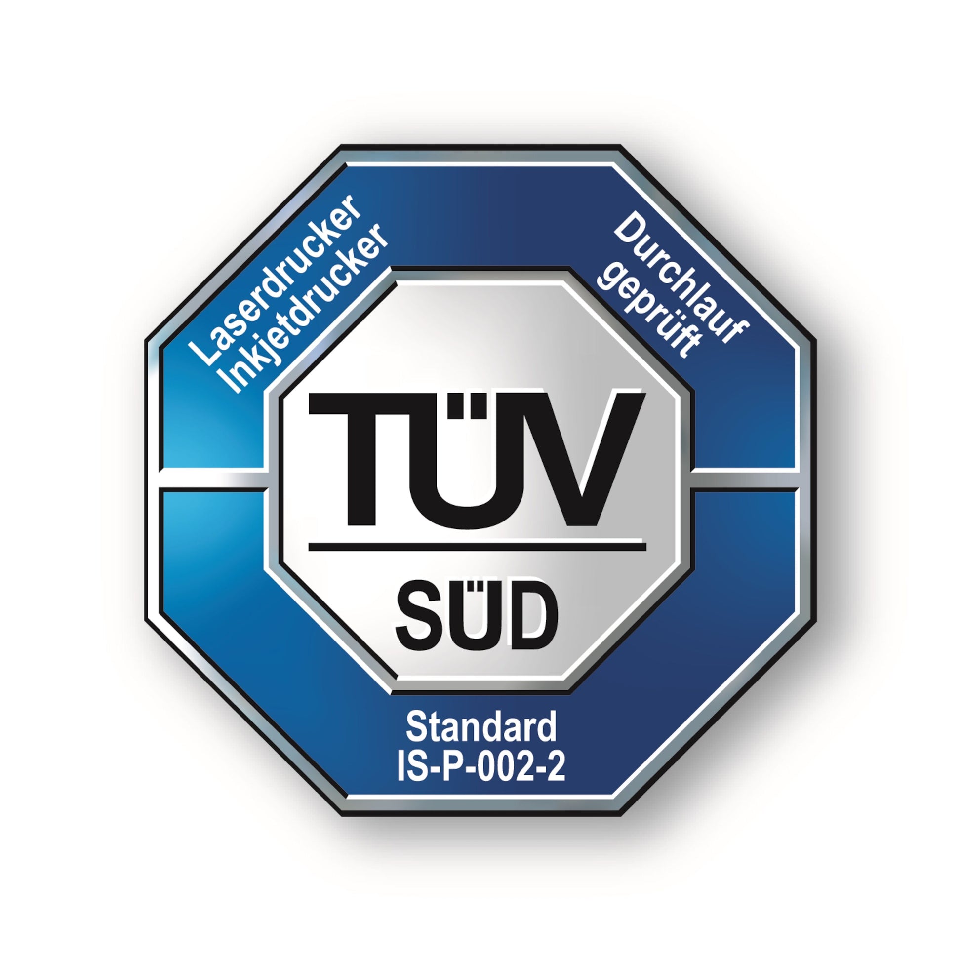 TÜV SÜD blå/sølv ottekantet badge med teksten Laserdrucker, Inkjetdrucker, Standard IS-P-002-2 og TÜV-logo.