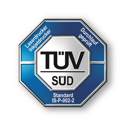 TÜV SÜD blå/sølv ottekantet badge med teksten Laserdrucker, Inkjetdrucker, Standard IS-P-002-2 og TÜV-logo.