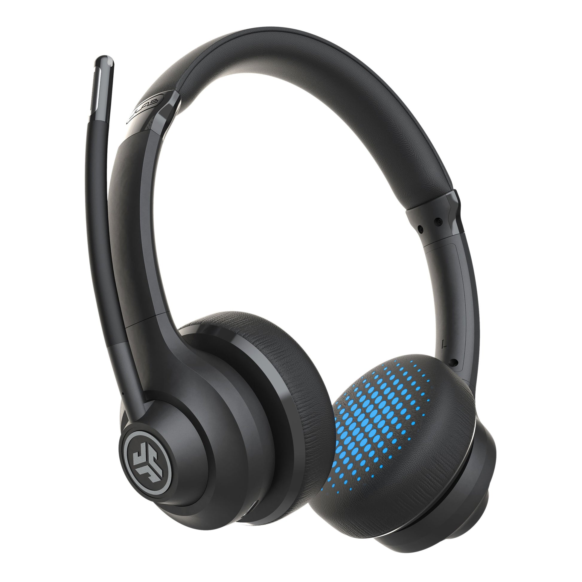JLab GO Arbejde Trådløst headset sort, polstret bøjle, foldbar mikrofon, blå LED-prikker højre ørekop, JLab logo venstre.
