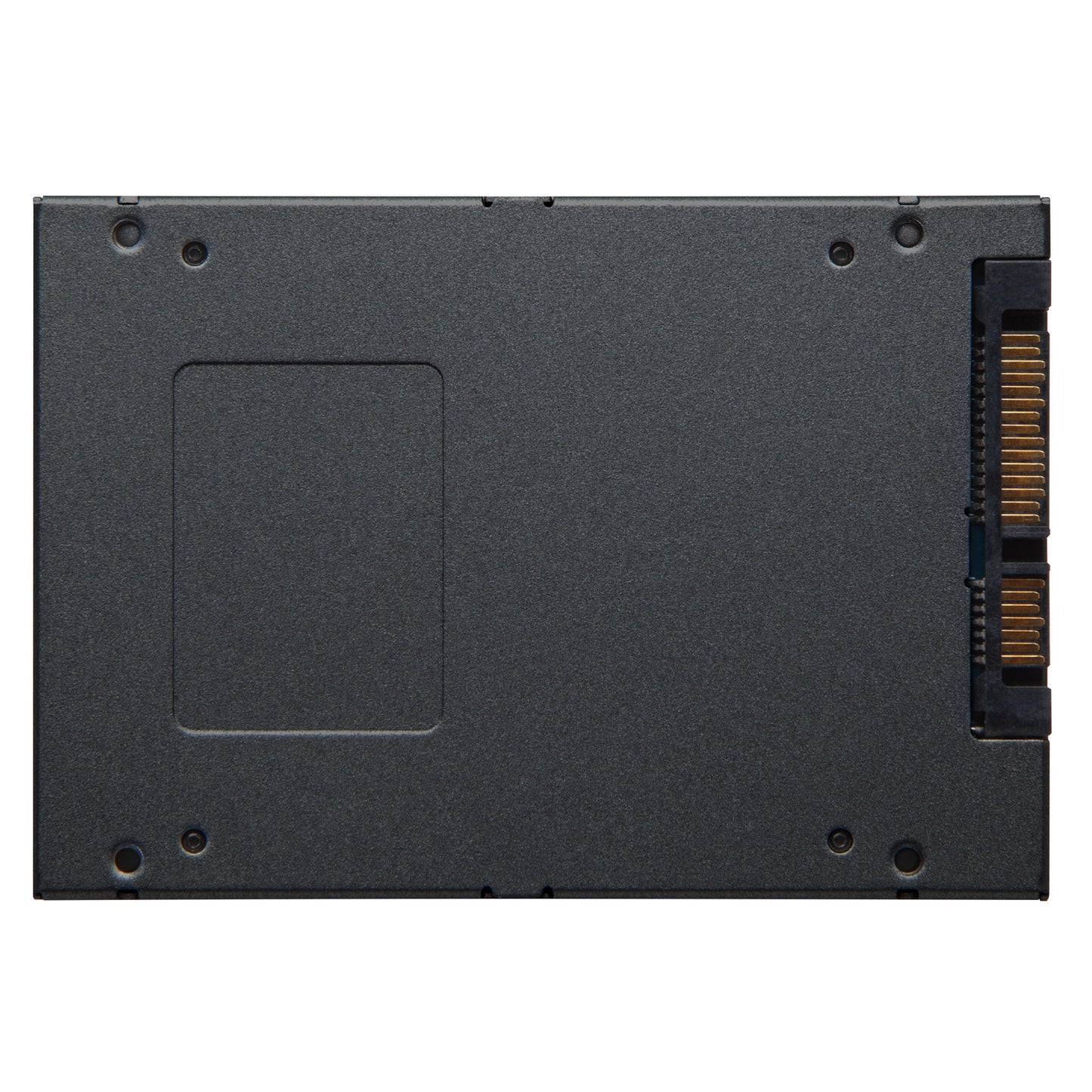 Kingston A400 SSD 240GB, sort 2.5", synlige hjørneskruer, eksponerede guld SATA-stik i højre side.