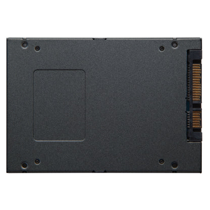 Kingston A400 SSD 240GB, sort 2.5", synlige hjørneskruer, eksponerede guld SATA-stik i højre side.