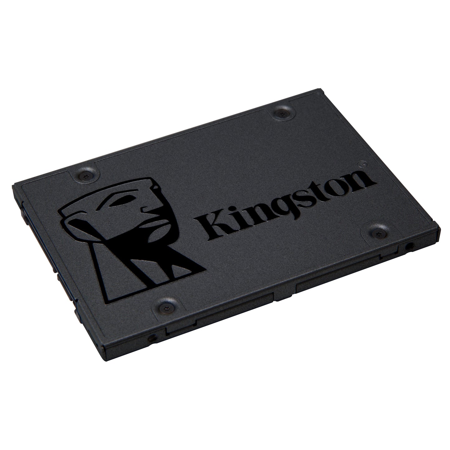 Kingston A400 SSD 240GB sort, Kingston-logo og stiliseret ansigt på toppen, set fra vinkel.