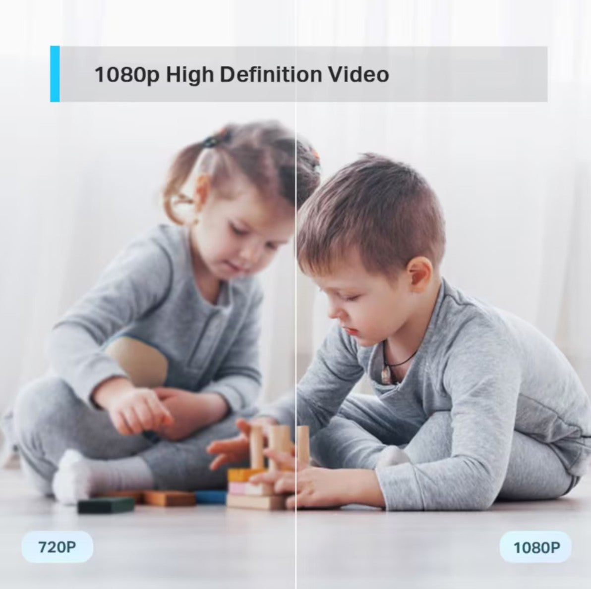 Tapo C200 WiFi kamera 2 stk sammenligning af 720p og 1080p video, tekst: 1080p High Definition Video.