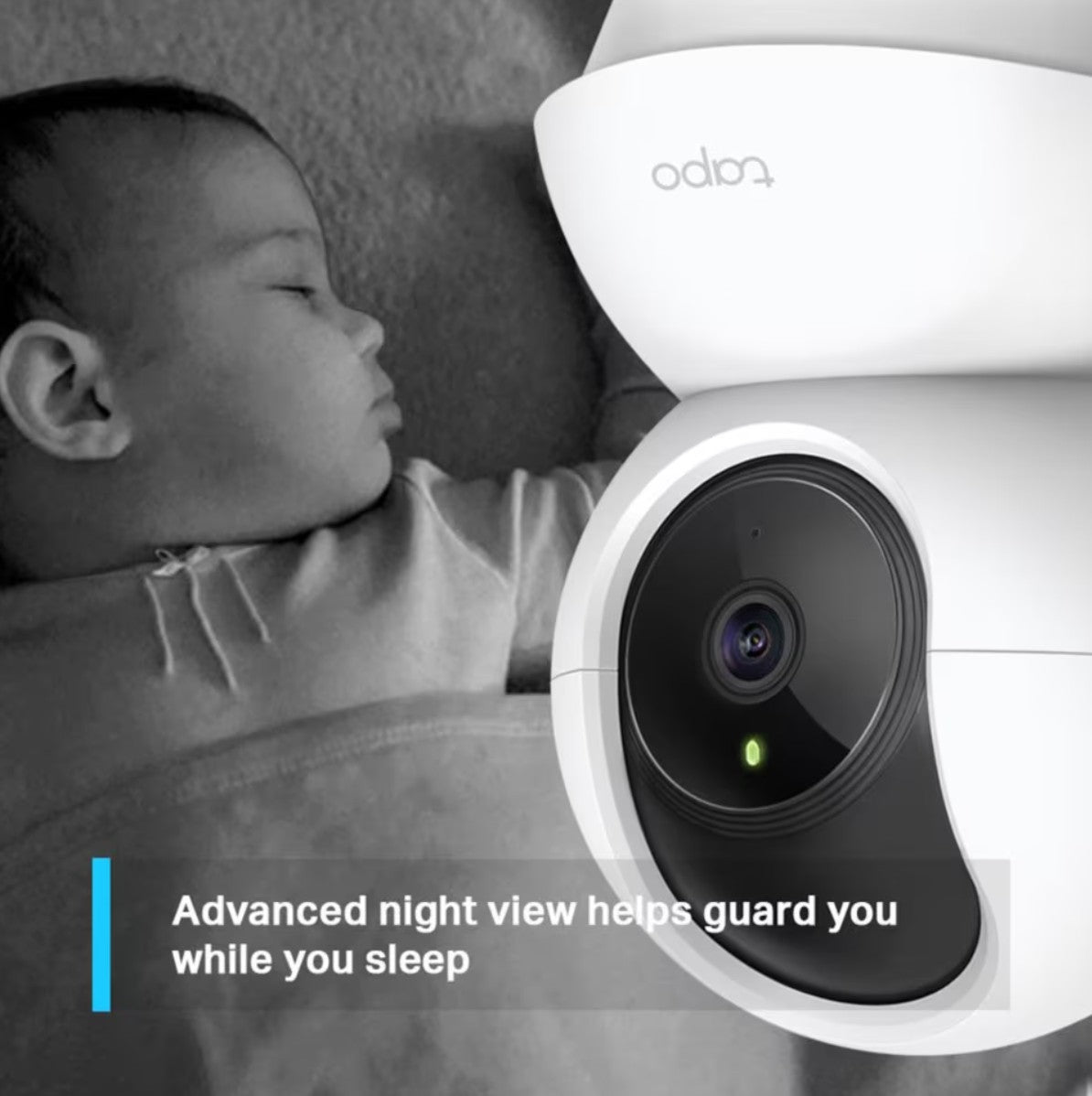 Tp-Link Tapo C200 WiFi kamera 2 stk med nattesyn ved seng tekst: Avanceret nattesyn og overvågning.