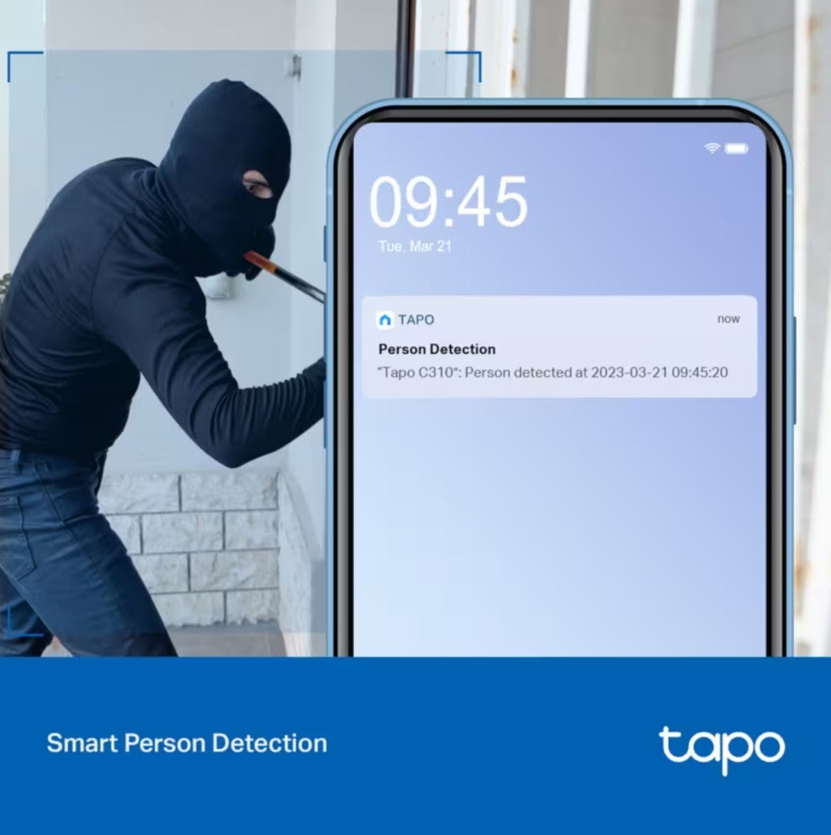 Tapo C310 trådløst overvågningskamera 2 stk sort vises med smartphone der viser TAPO Person Detection-advarsel.