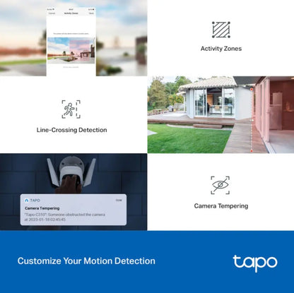 TP-Link Tapo C310 trådløst overvågningskamera 2 stk promo med Activity Zones, Line-Crossing Detection og Camera Tempering.