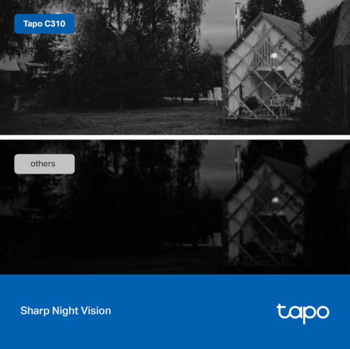 TP-Link Tapo C310 overvågningskamera, sammenligning natbilleder med tekst "Sharp Night Vision" og "tapo.