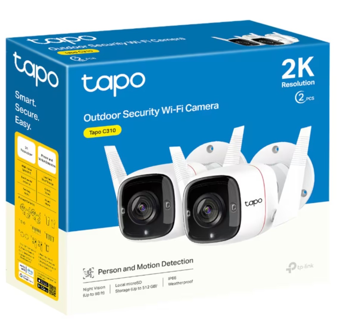 TP-Link Tapo C310 trådløst overvågningskamera 2-pak 2K-opløsning nattesyn bevægelsesregistrering vejrbestandig.