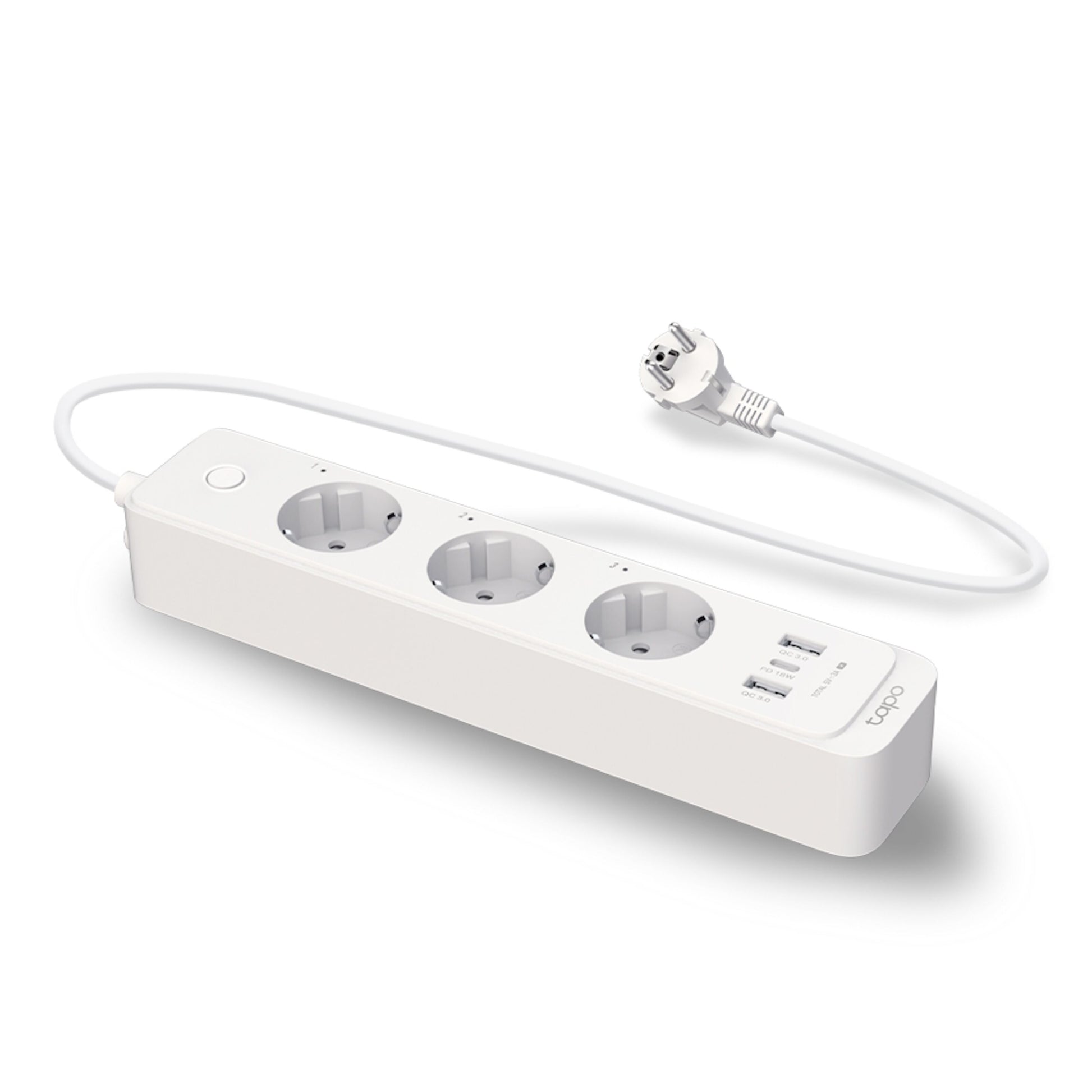 TP-Link Tapo P300 smart stikdåse med 3 EU stik, 3 USB porte inkl. USB-C, tænd/sluk-knap, lang ledning og WiFi-fjernstyring.
