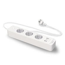 TP-Link Tapo P300 smart stikdåse med 3 EU stik, 3 USB porte inkl. USB-C, tænd/sluk-knap, lang ledning og WiFi-fjernstyring.