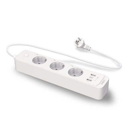 TP-Link Tapo P300 smart stikdåse med 3 EU stik, 3 USB porte inkl. USB-C, tænd/sluk-knap, lang ledning og WiFi-fjernstyring.