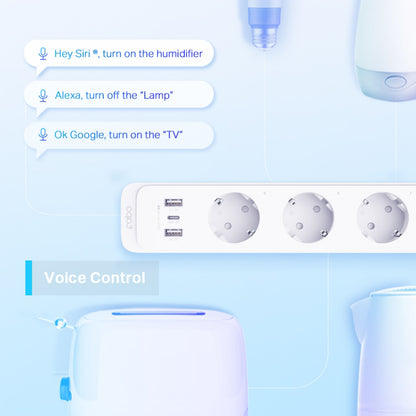 TP-Link Tapo P300 smart stikdåse med USB-porte, wifi-styring via Siri, Alexa, Google Assistant, Voice Control-tekst.