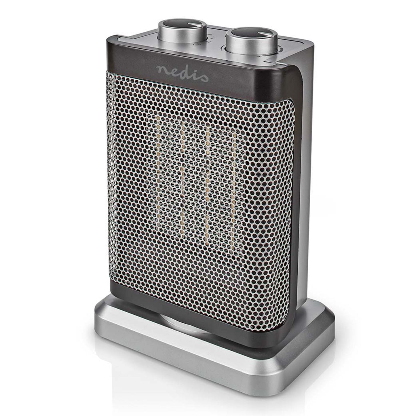 Keramisk varmeblæser 1500 W med to sølvknapper, sølvfarvet base, termostat og overophedningsbeskyttelse.