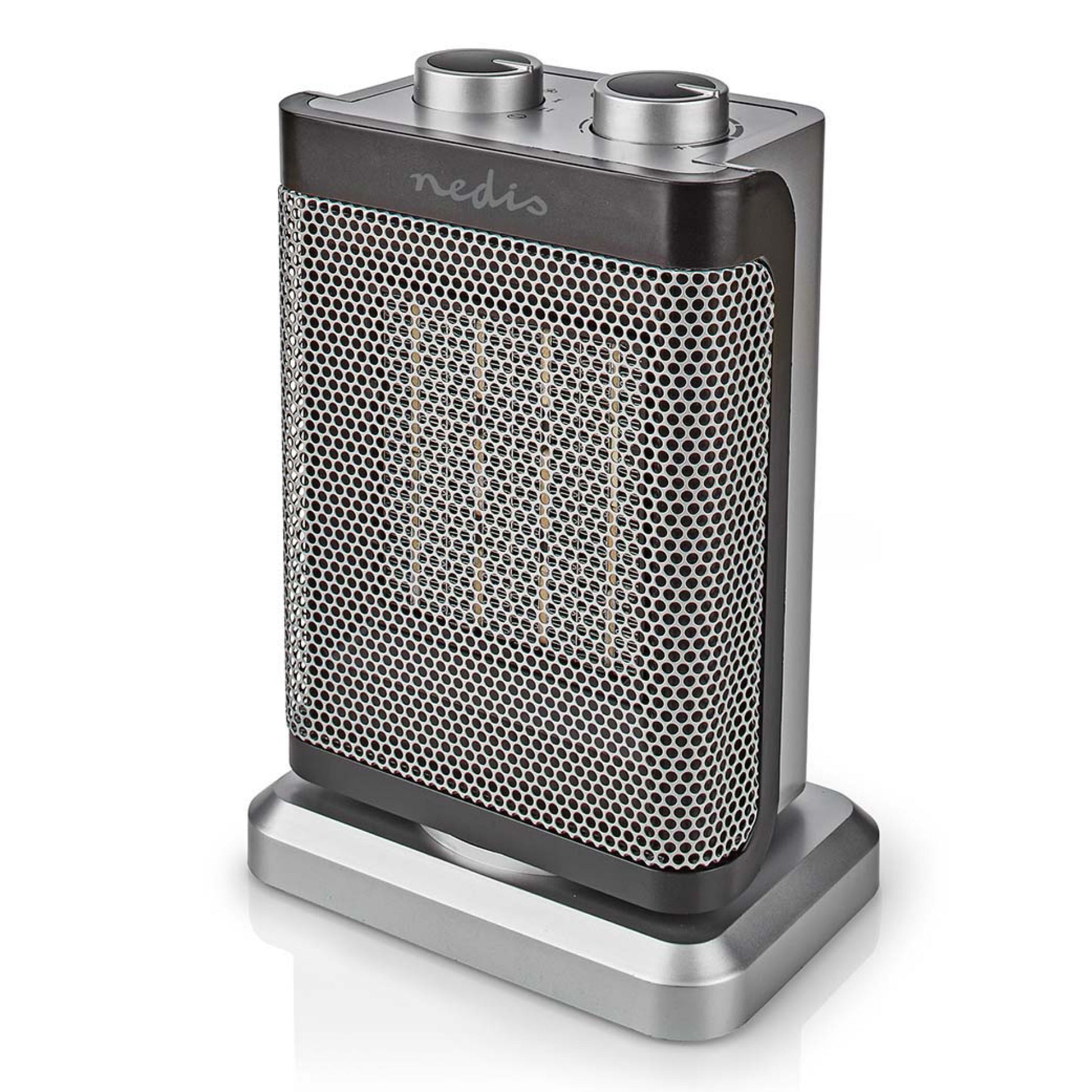 Keramisk varmeblæser 1500 W med to sølvknapper, sølvfarvet base, termostat og overophedningsbeskyttelse.