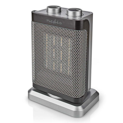 Keramisk varmeblæser 1500 W med to sølvknapper, sølvfarvet base, termostat og overophedningsbeskyttelse.
