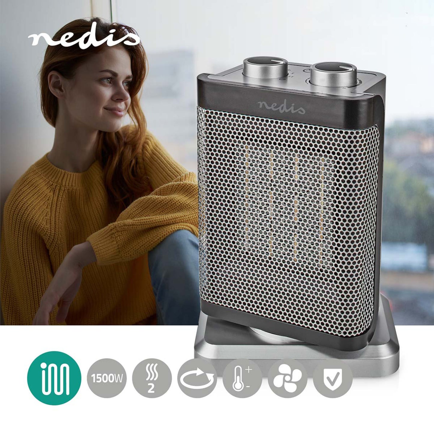 Nedis Keramisk Varmeblæser 1500W grå med netfront, to drejeknapper, overophedningsbeskyttelse og Nedis-logo.