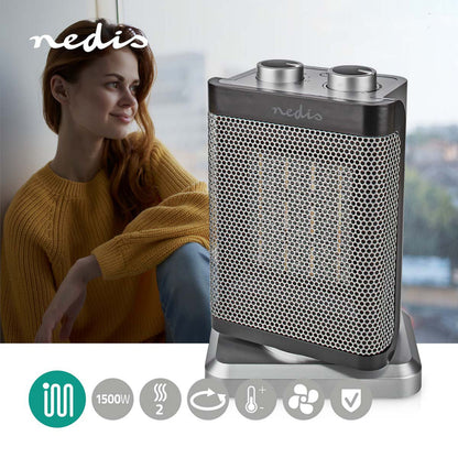 Nedis Keramisk Varmeblæser 1500W grå med netfront, to drejeknapper, overophedningsbeskyttelse og Nedis-logo.