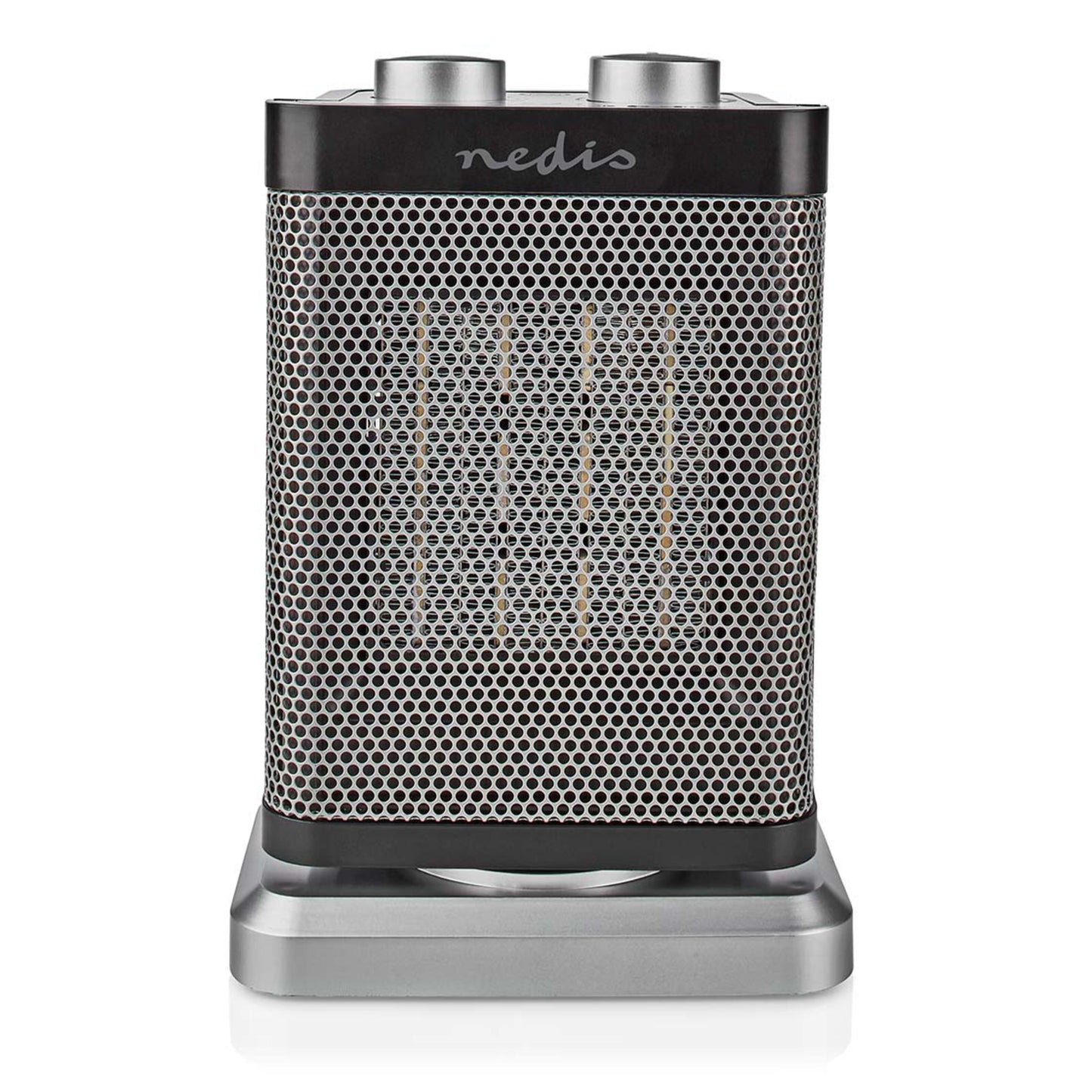 Nedis keramisk varmeblæser 1500W, rektangulær, metalgitter foran, to kontrolknapper på toppen, sølvfarvet bund.
